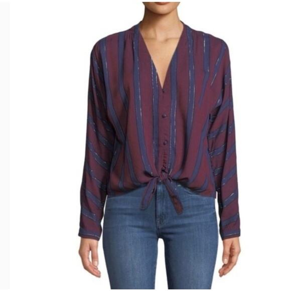 Rails Womens Sloane Blouse Top Size S Metallic Waist Tie Janiero Stripe Dark Red - Picture 2 of 7